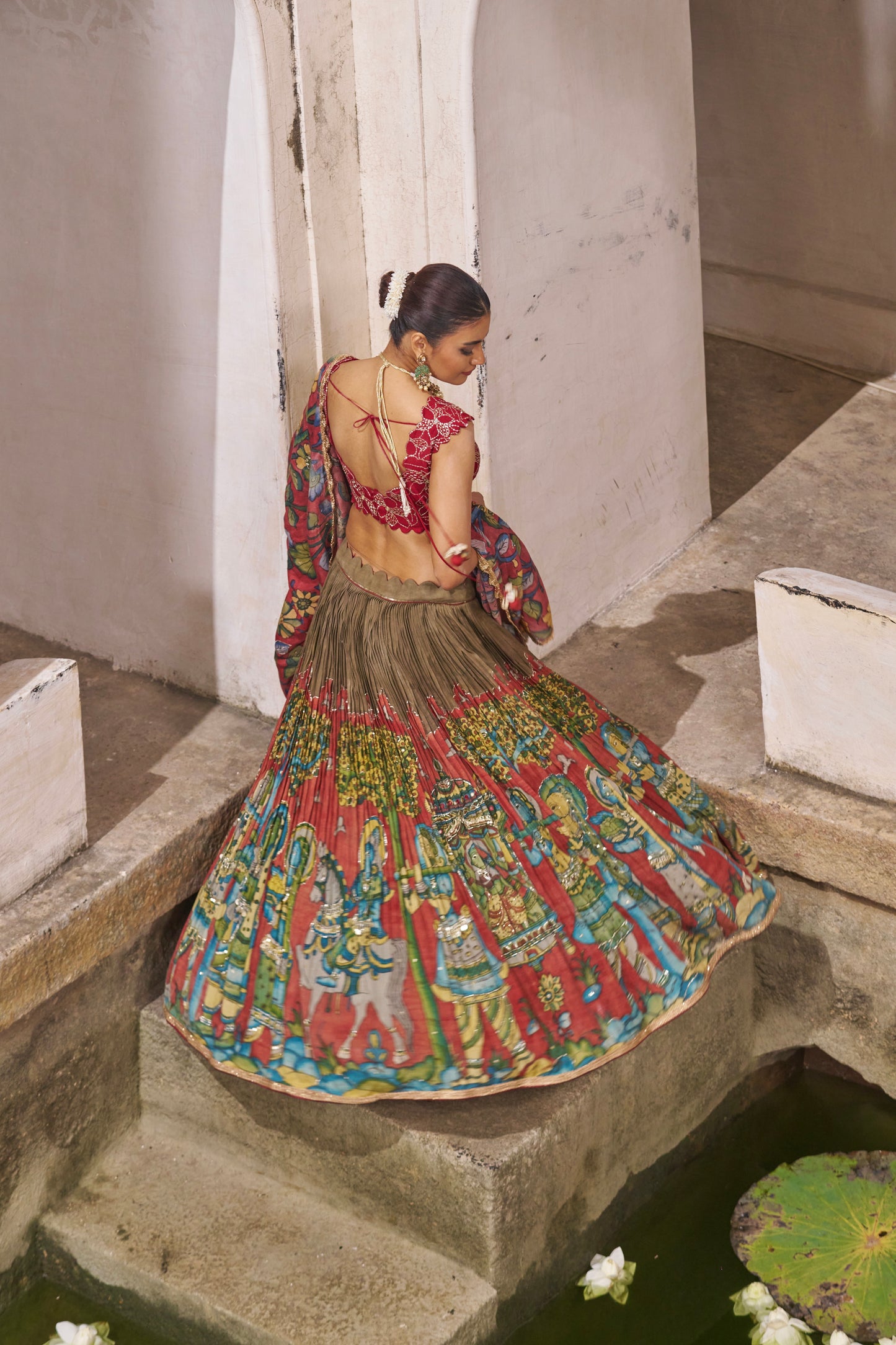Olive-Green  Palenquin Bride Theme Kalamkari Lehenga Set