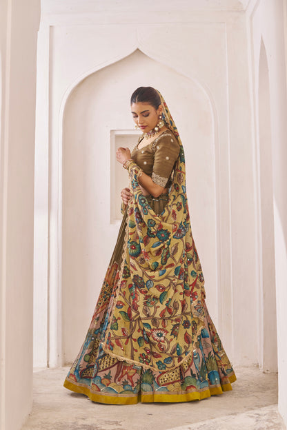 Olive-Brown Sena Theme Kalamkari Lehenga Set