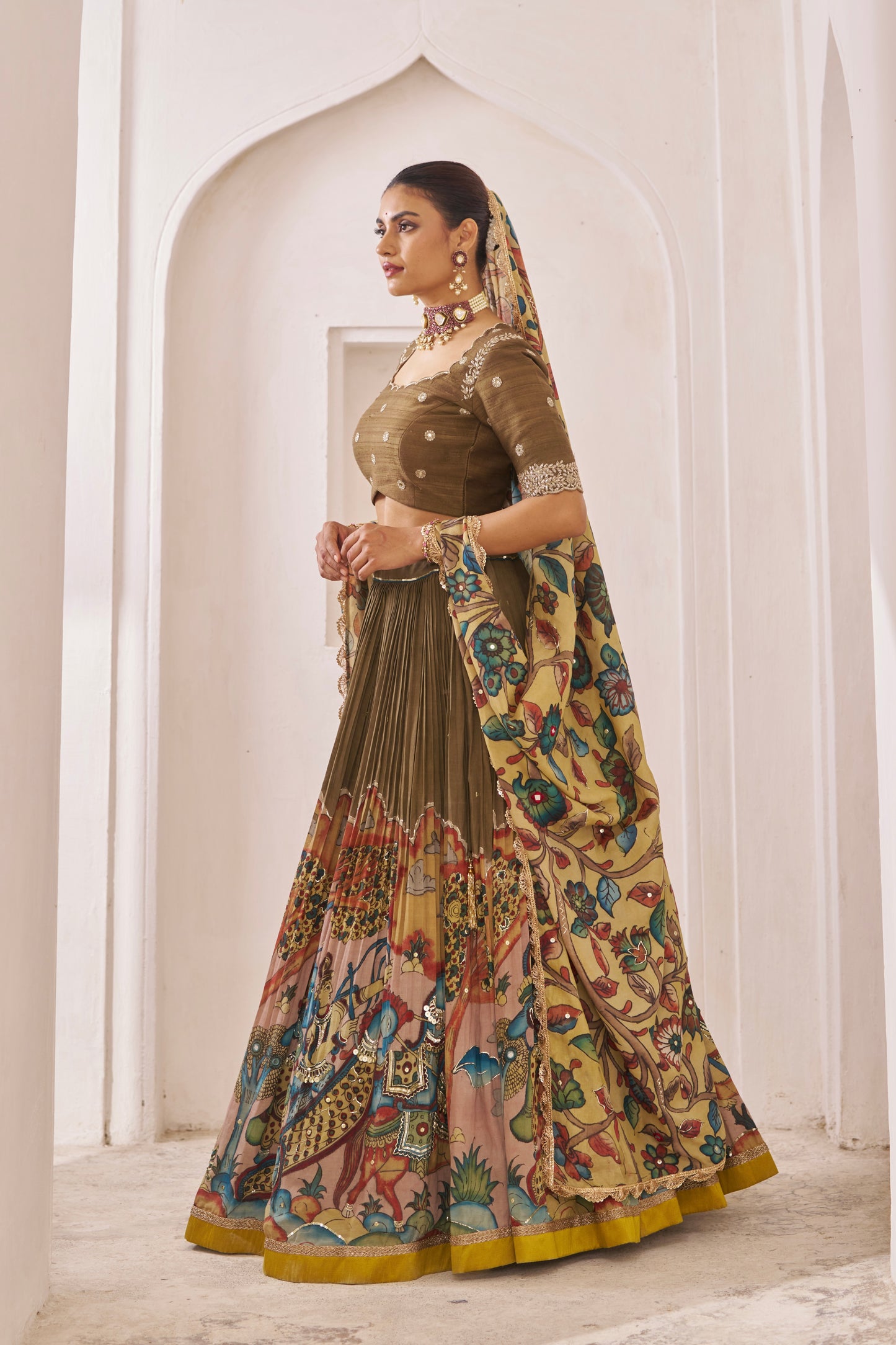 Olive-Brown Sena Theme Kalamkari Lehenga Set