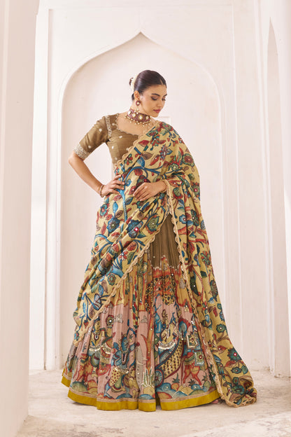 Olive-Brown Sena Theme Kalamkari Lehenga Set