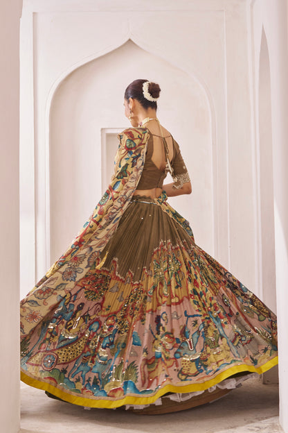 Olive-Brown Sena Theme Kalamkari Lehenga Set