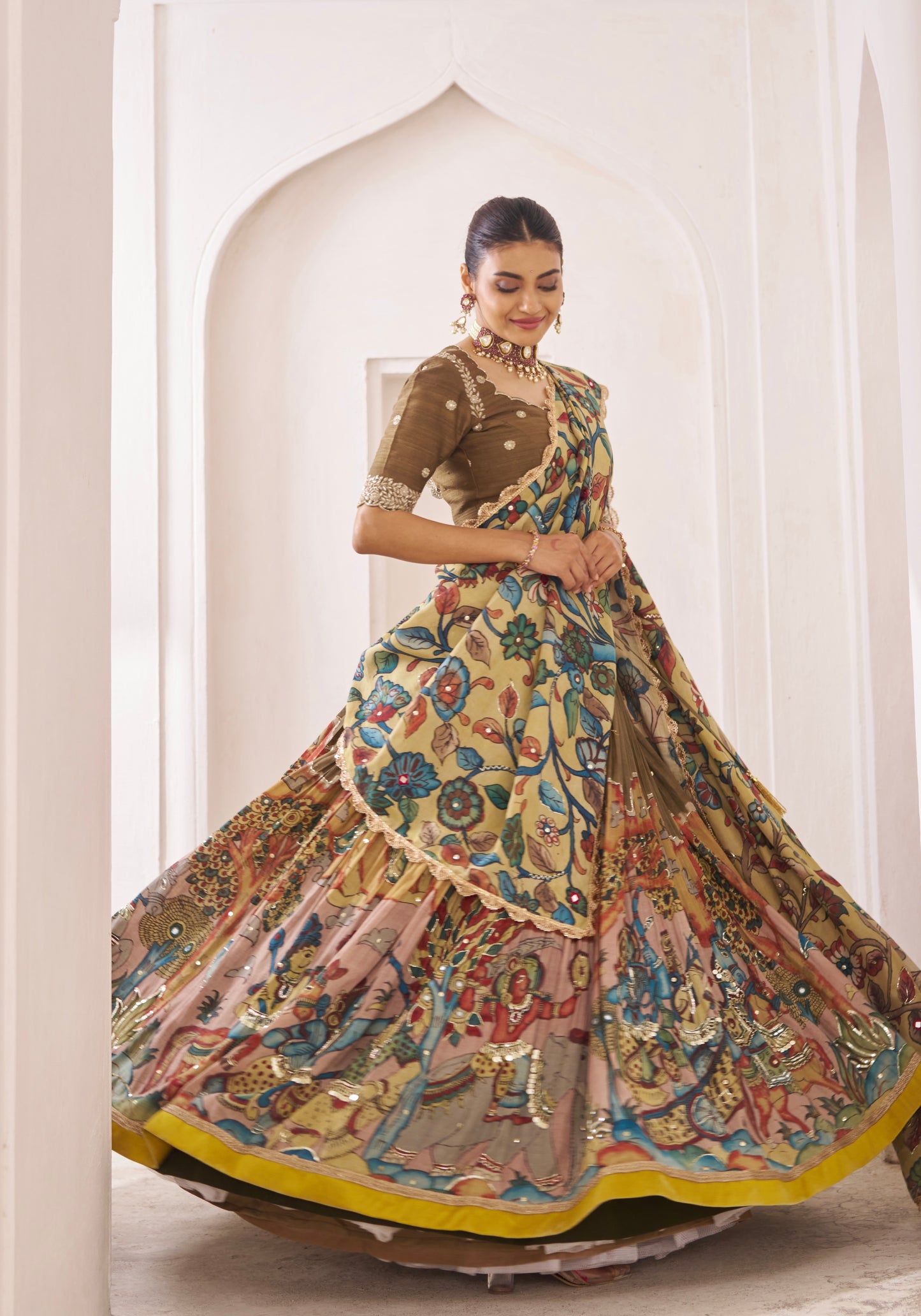 Olive-Brown Sena Theme Kalamkari Lehenga Set