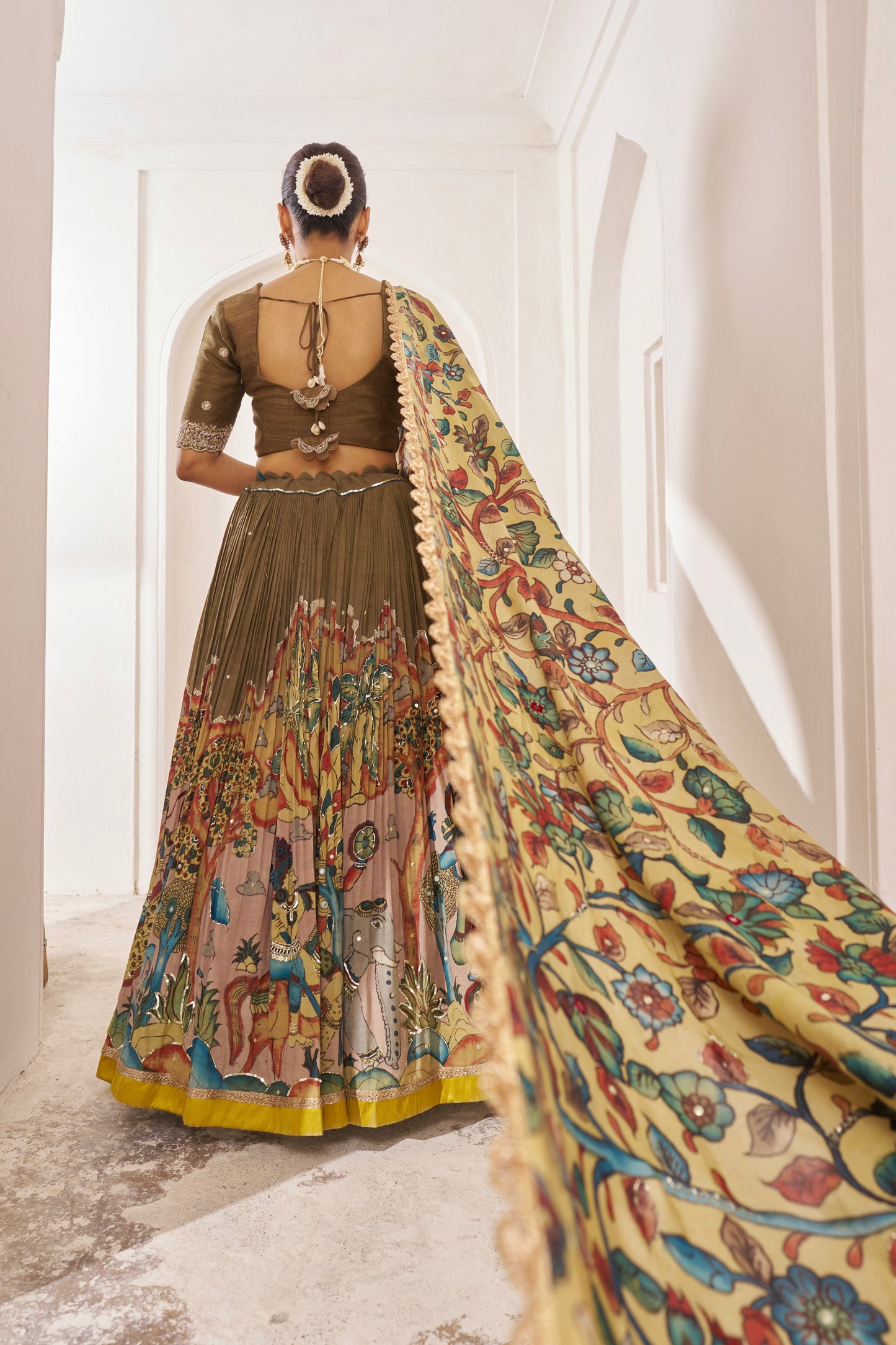 Olive-Brown Sena Theme Kalamkari Lehenga Set