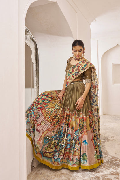 Olive-Brown Sena Theme Kalamkari Lehenga Set