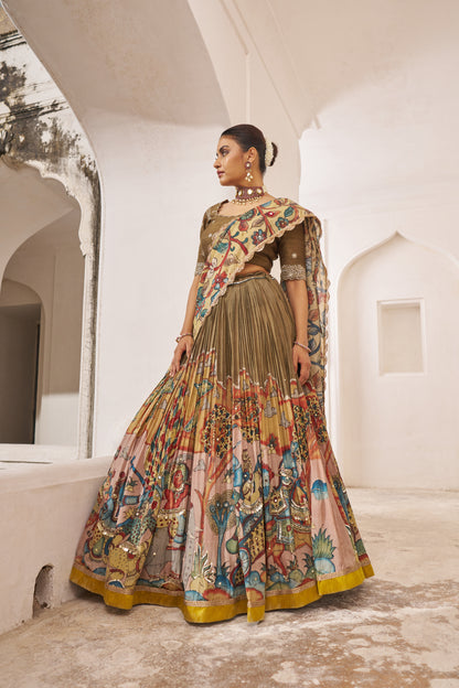 Olive-Brown Sena Theme Kalamkari Lehenga Set