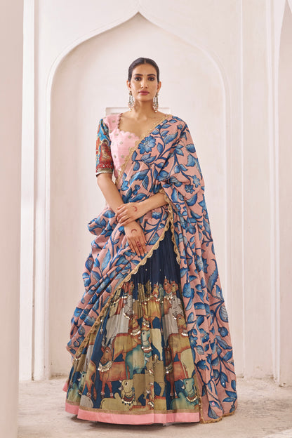 Blue Pichwai Theme Kalamkari Lehenga Set
