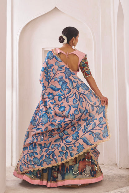 Blue Pichwai Theme Kalamkari Lehenga Set