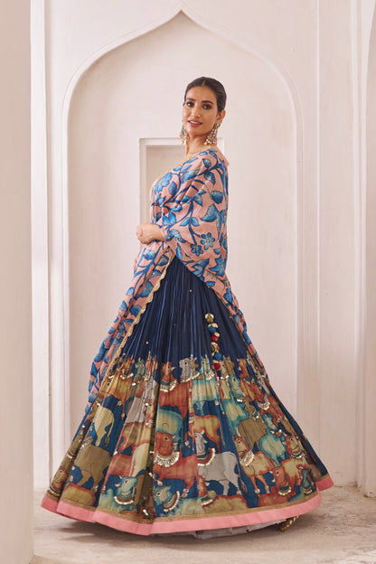 Blue Pichwai Theme Kalamkari Lehenga Set