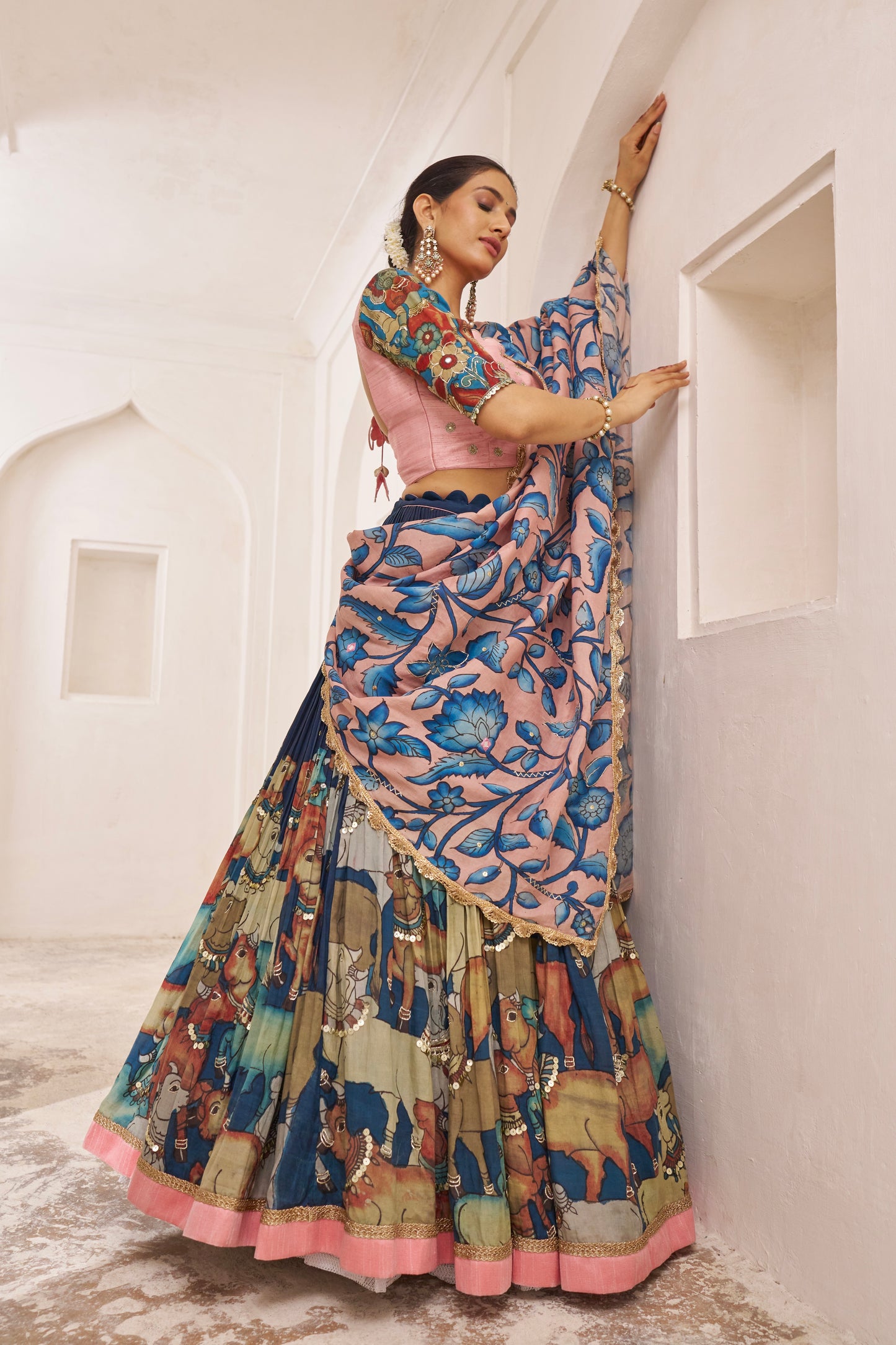 Blue Pichwai Theme Kalamkari Lehenga Set
