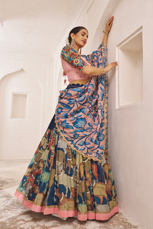 Blue Pichwai Theme Kalamkari Lehenga Set