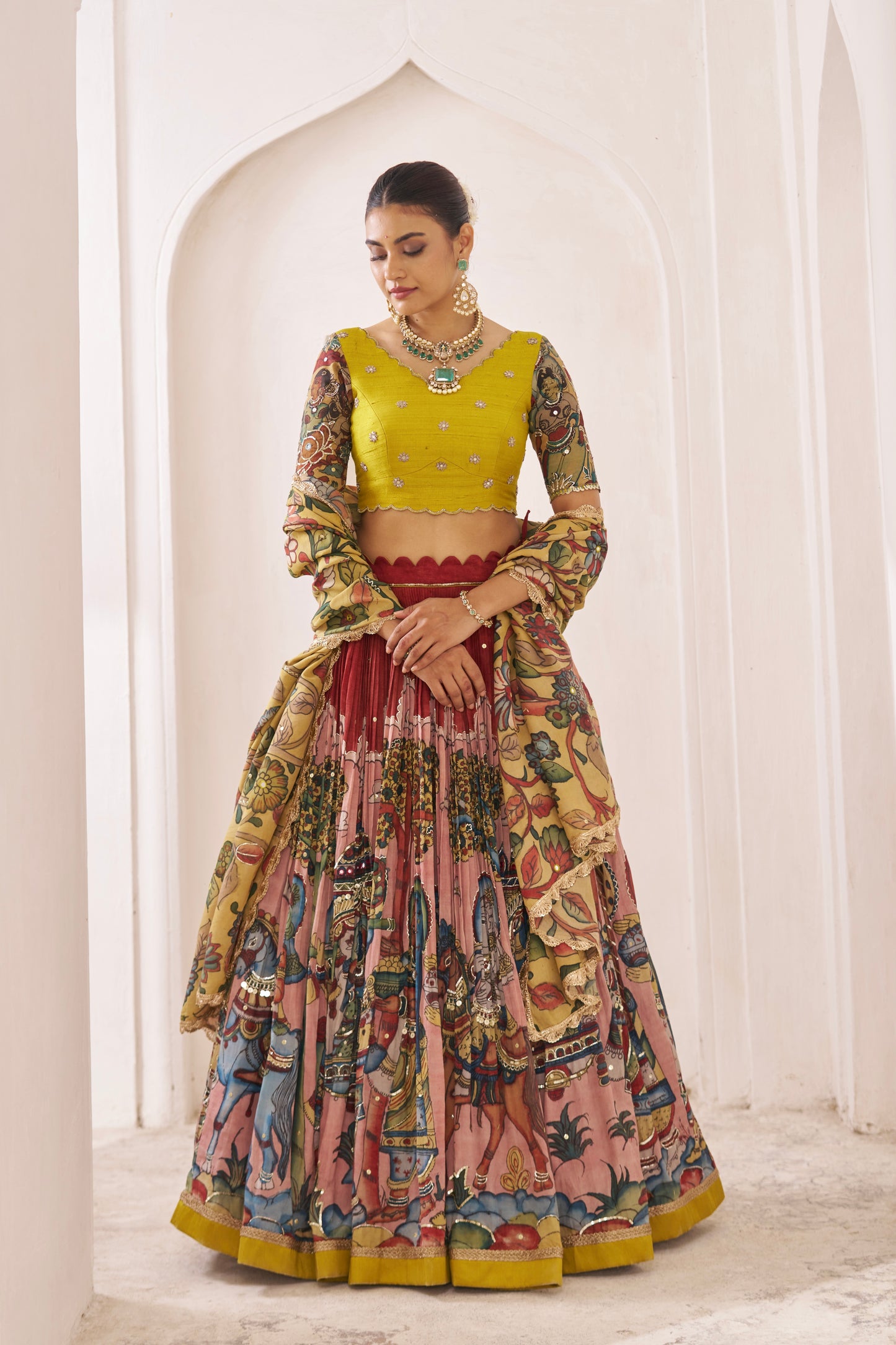 Maroon Palenquin Bride Theme Kalamkari Lehenga Set