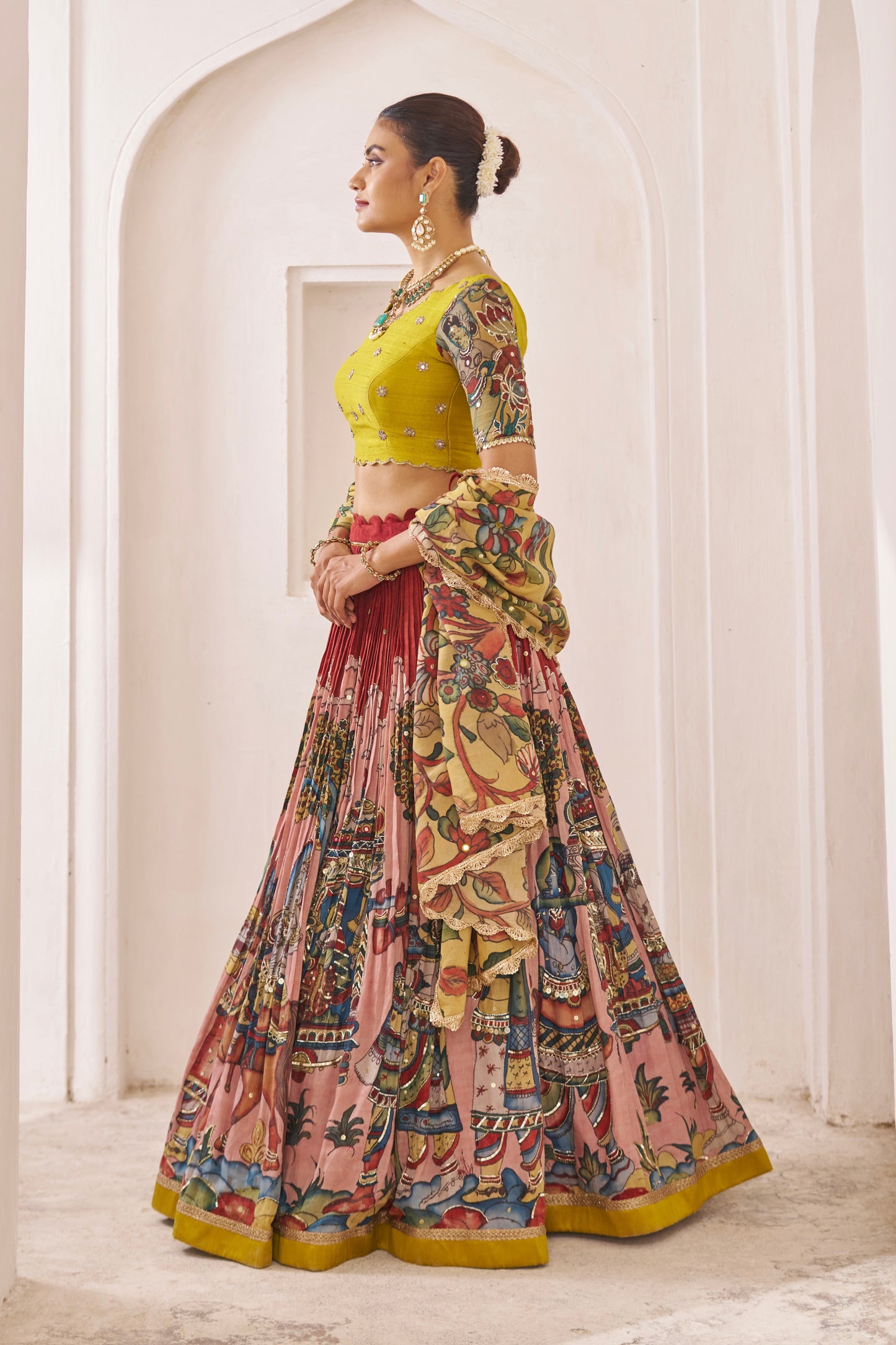 Maroon Palenquin Bride Theme Kalamkari Lehenga Set