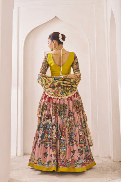 Maroon Palenquin Bride Theme Kalamkari Lehenga Set