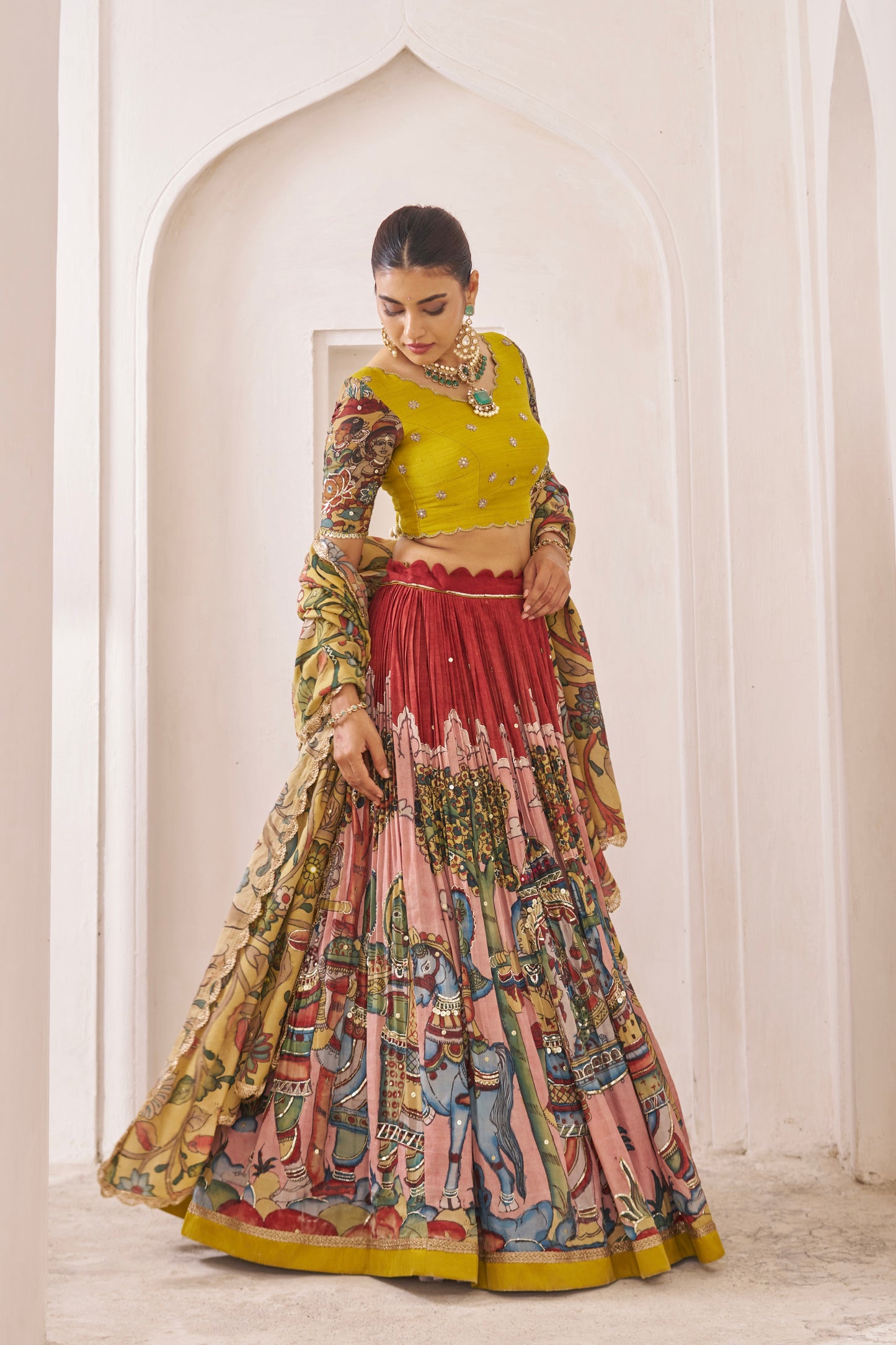 Maroon Palenquin Bride Theme Kalamkari Lehenga Set