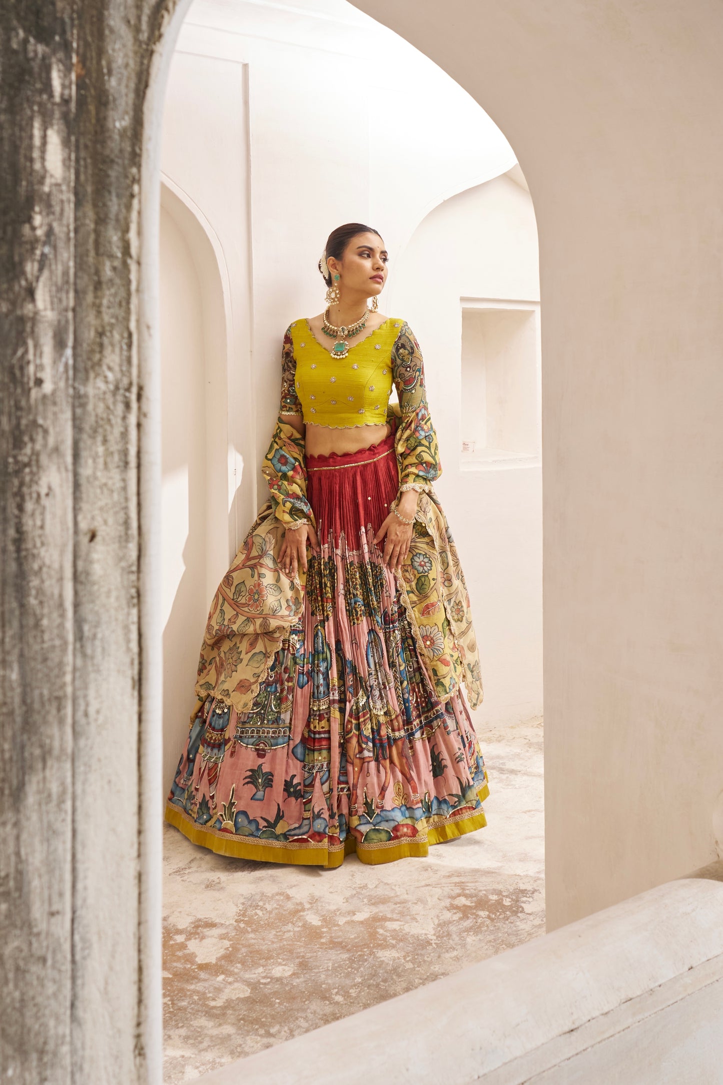 Maroon Palenquin Bride Theme Kalamkari Lehenga Set