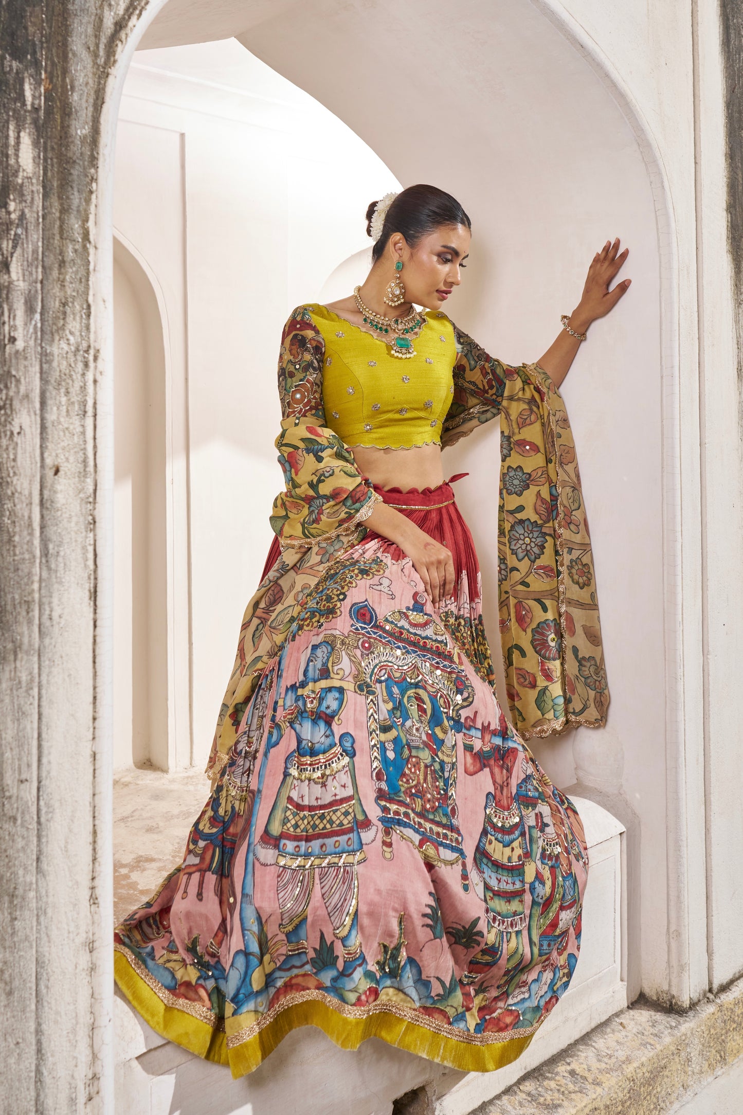 Maroon Palenquin Bride Theme Kalamkari Lehenga Set