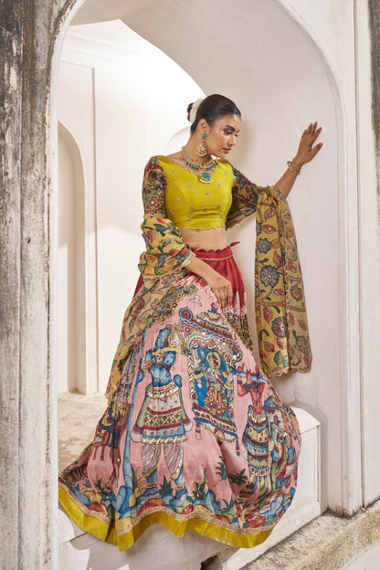 Maroon Palenquin Bride Theme Kalamkari Lehenga Set