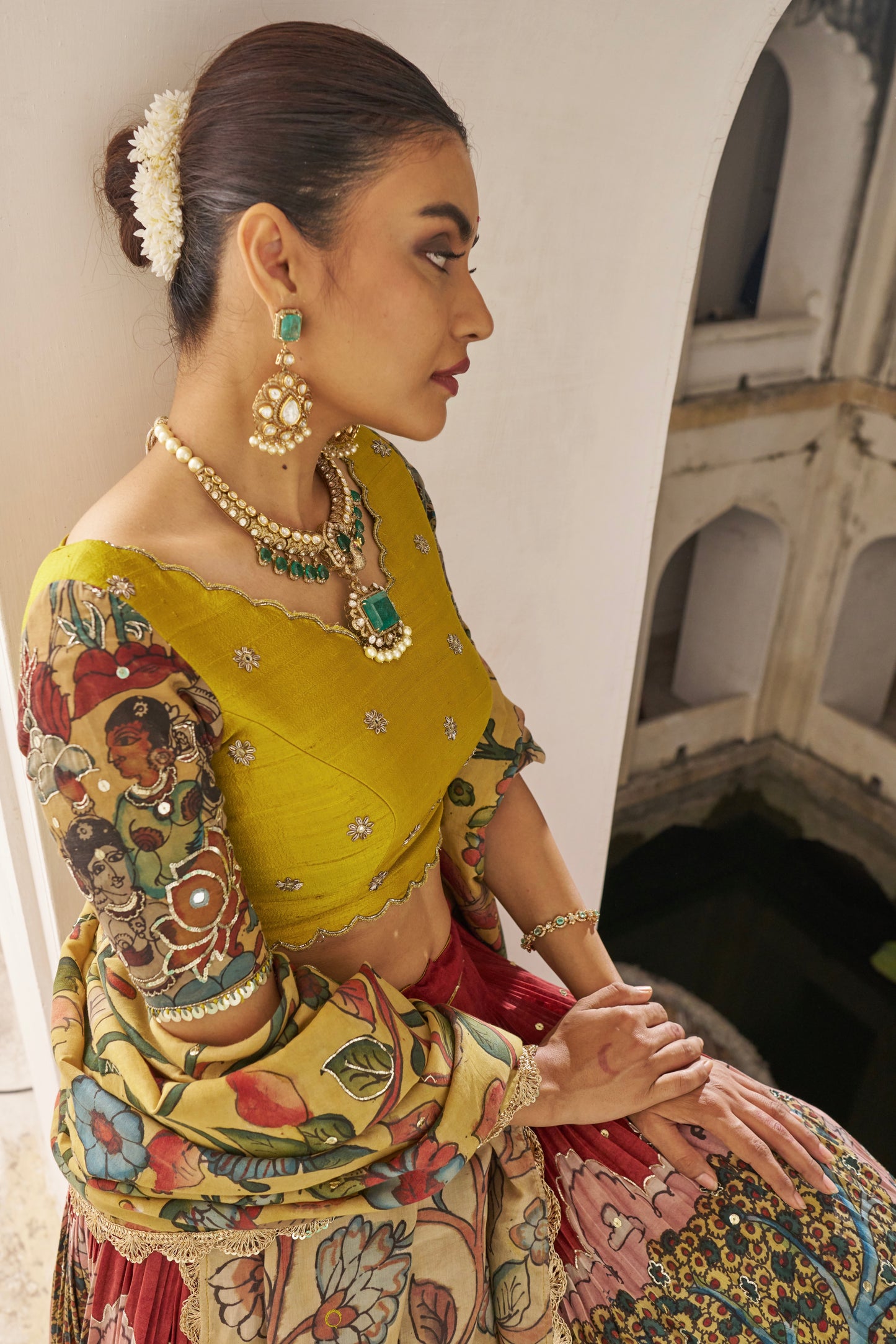 Maroon Palenquin Bride Theme Kalamkari Lehenga Set