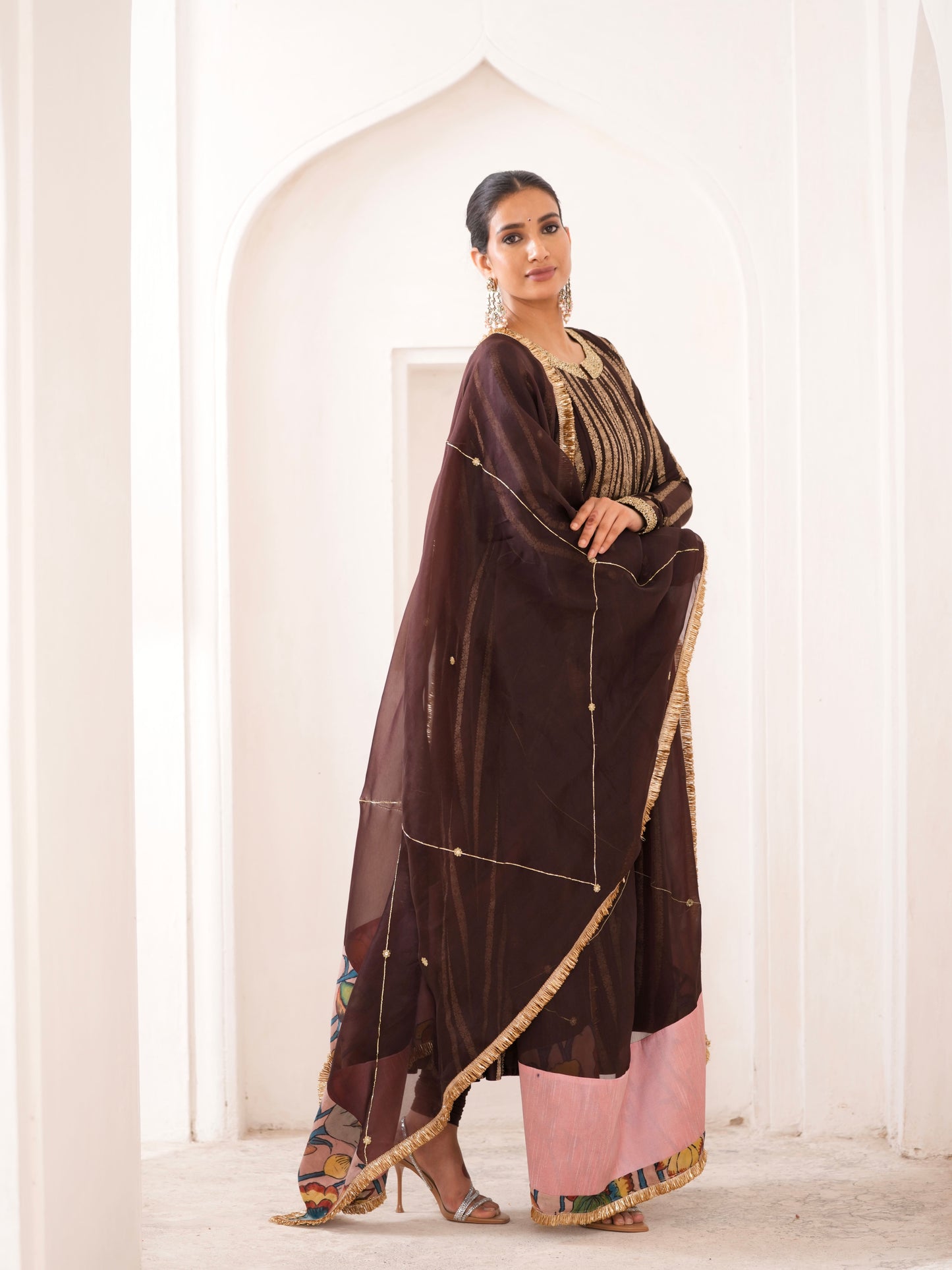 Signature Brown Zari Stripes Anarkali Set