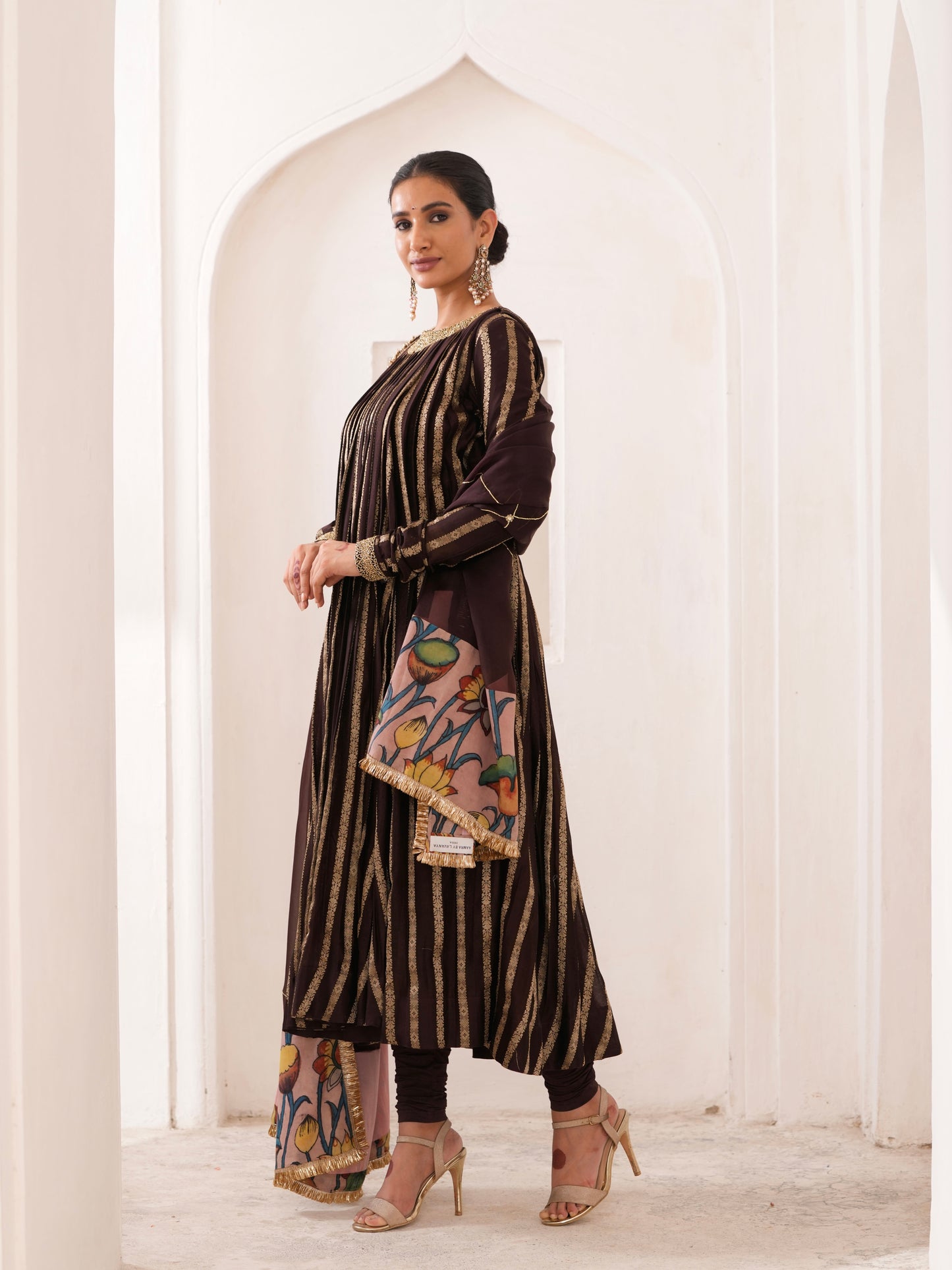 Signature Brown Zari Stripes Anarkali Set