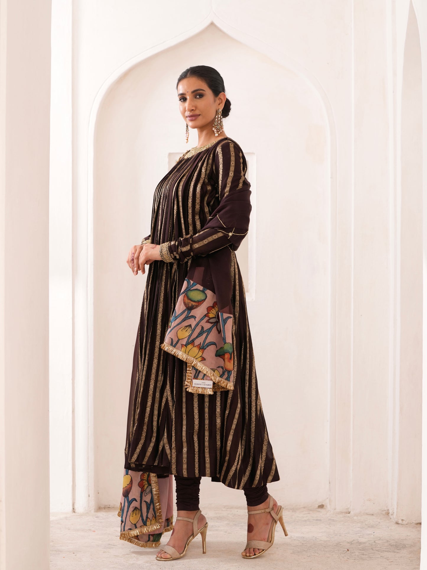Signature Brown Zari Stripes Anarkali Set