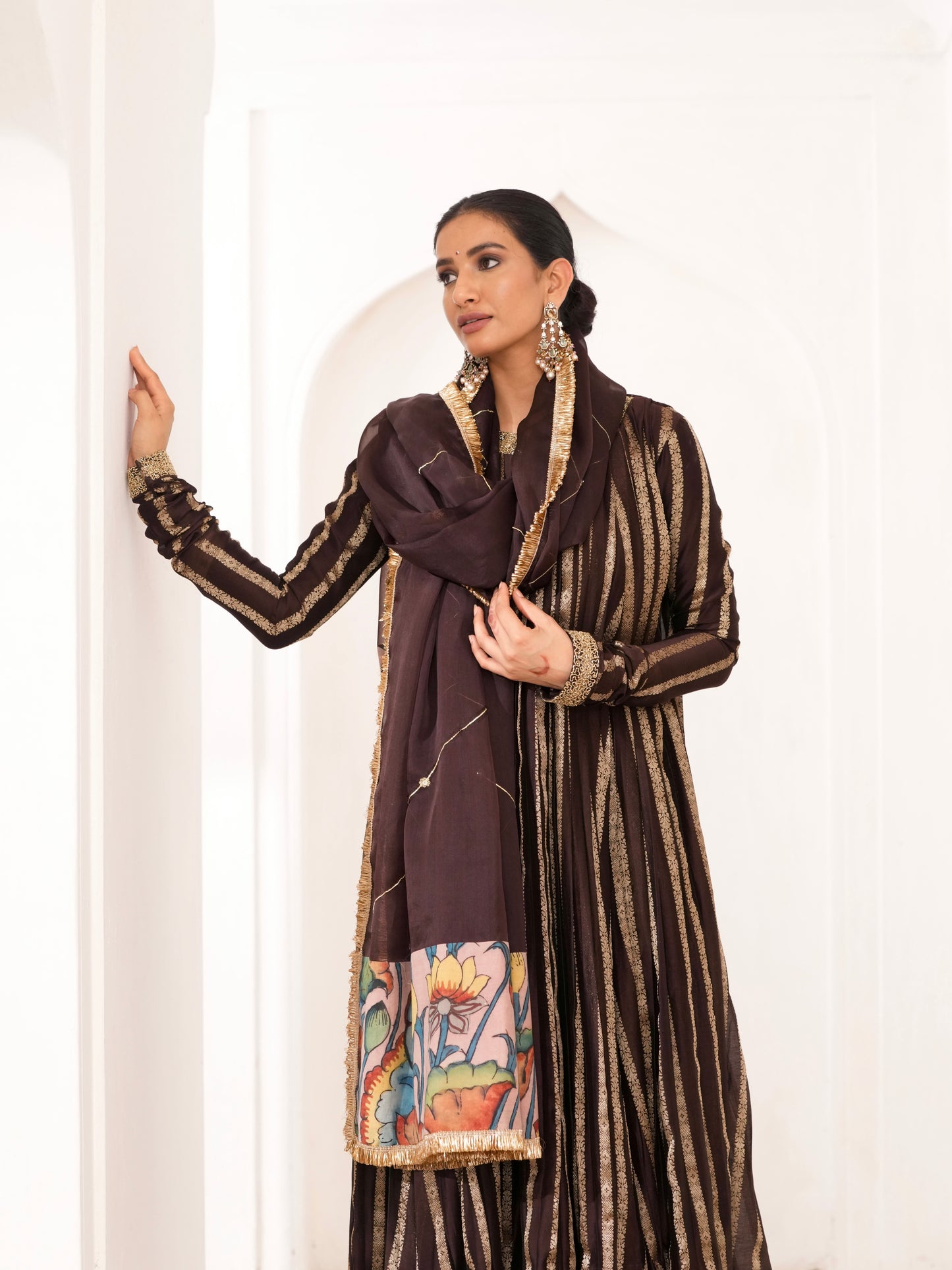 Signature Brown Zari Stripes Anarkali Set