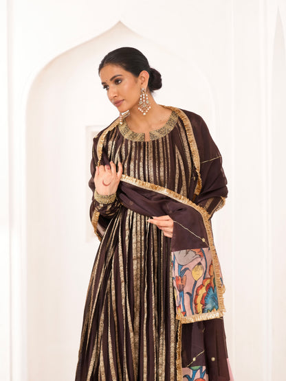 Signature Brown Zari Stripes Anarkali Set