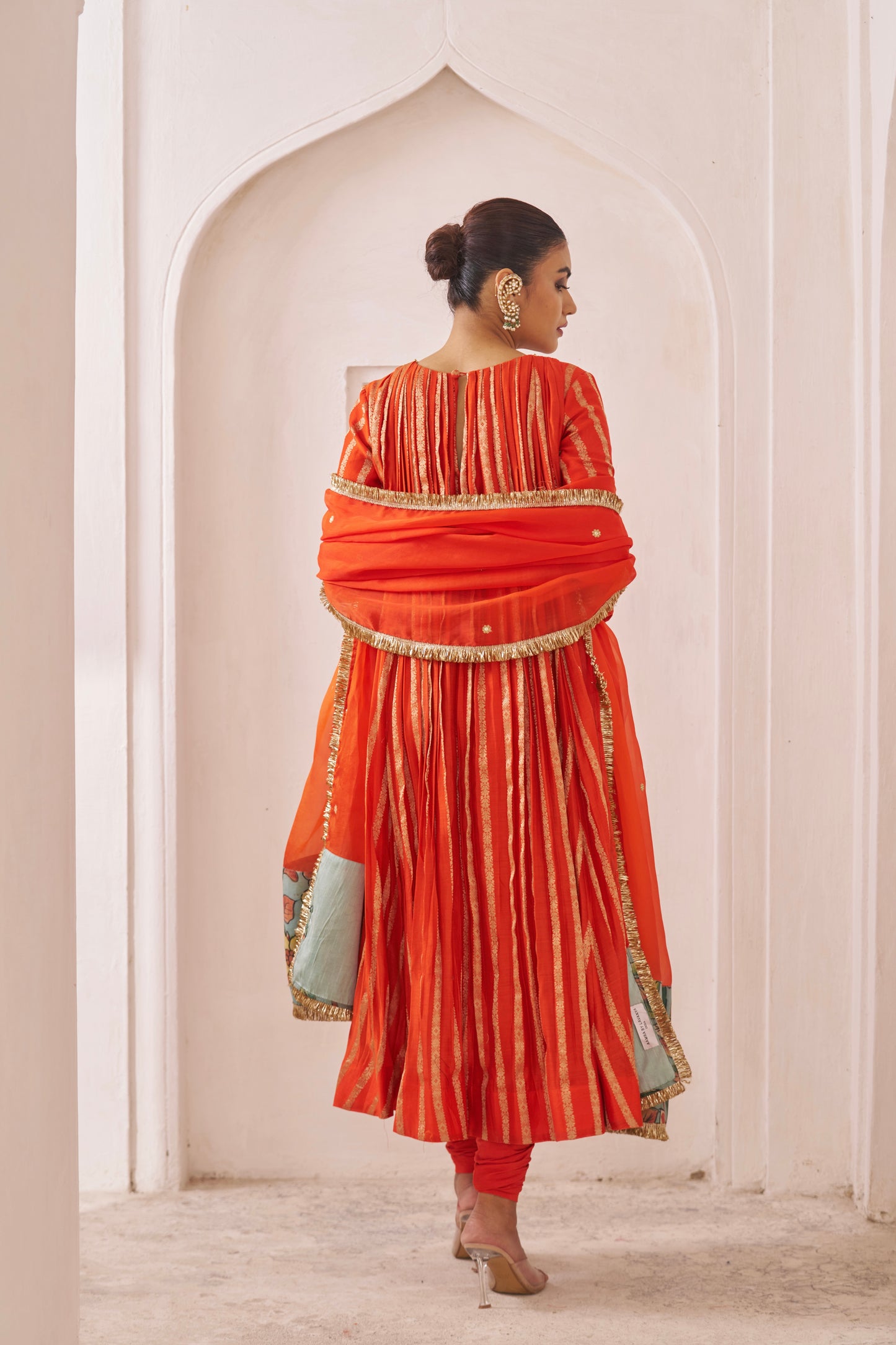 Orange Zari Stripes Anarkali Set