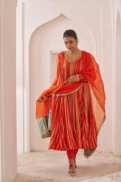 Orange Zari Stripes Anarkali Set