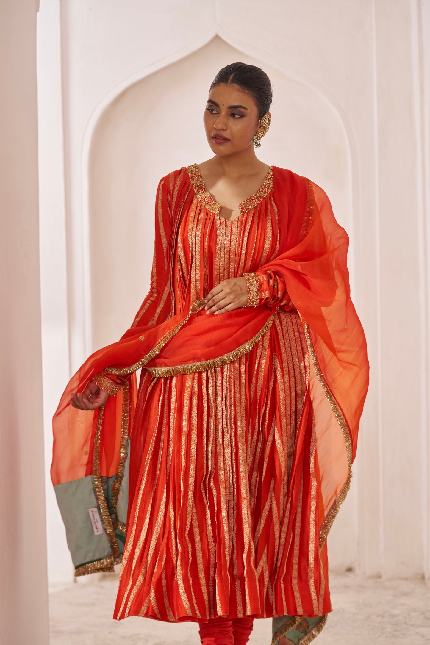 Orange Zari Stripes Anarkali Set