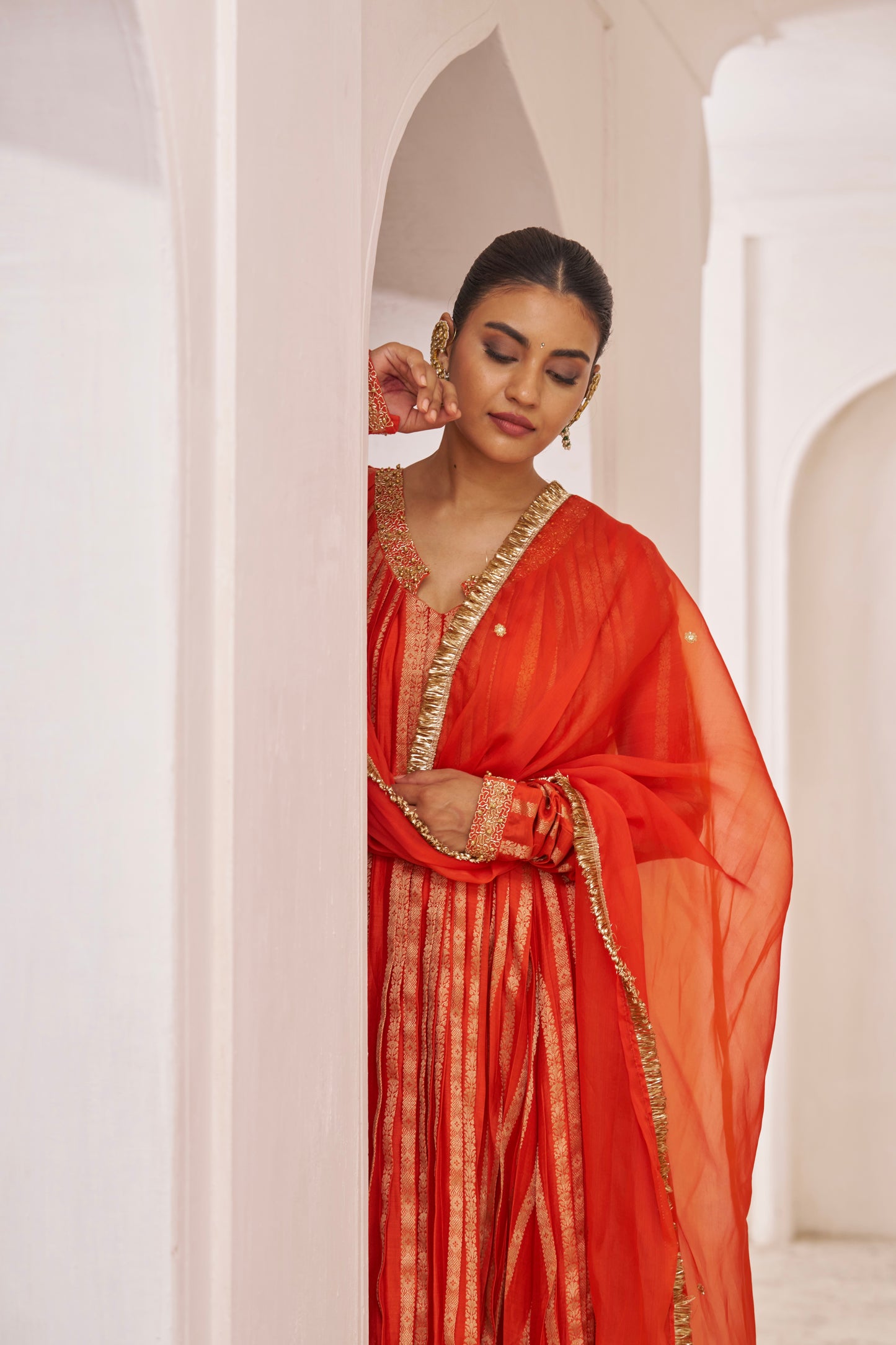 Orange Zari Stripes Anarkali Set