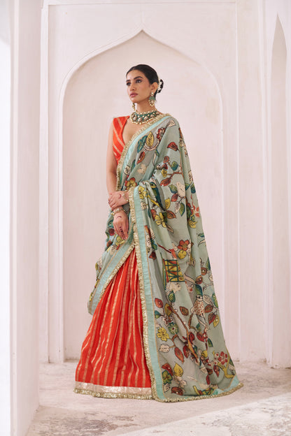 Orange Lehenga Set With Birds Outside Cages Kalamkari Dupatta