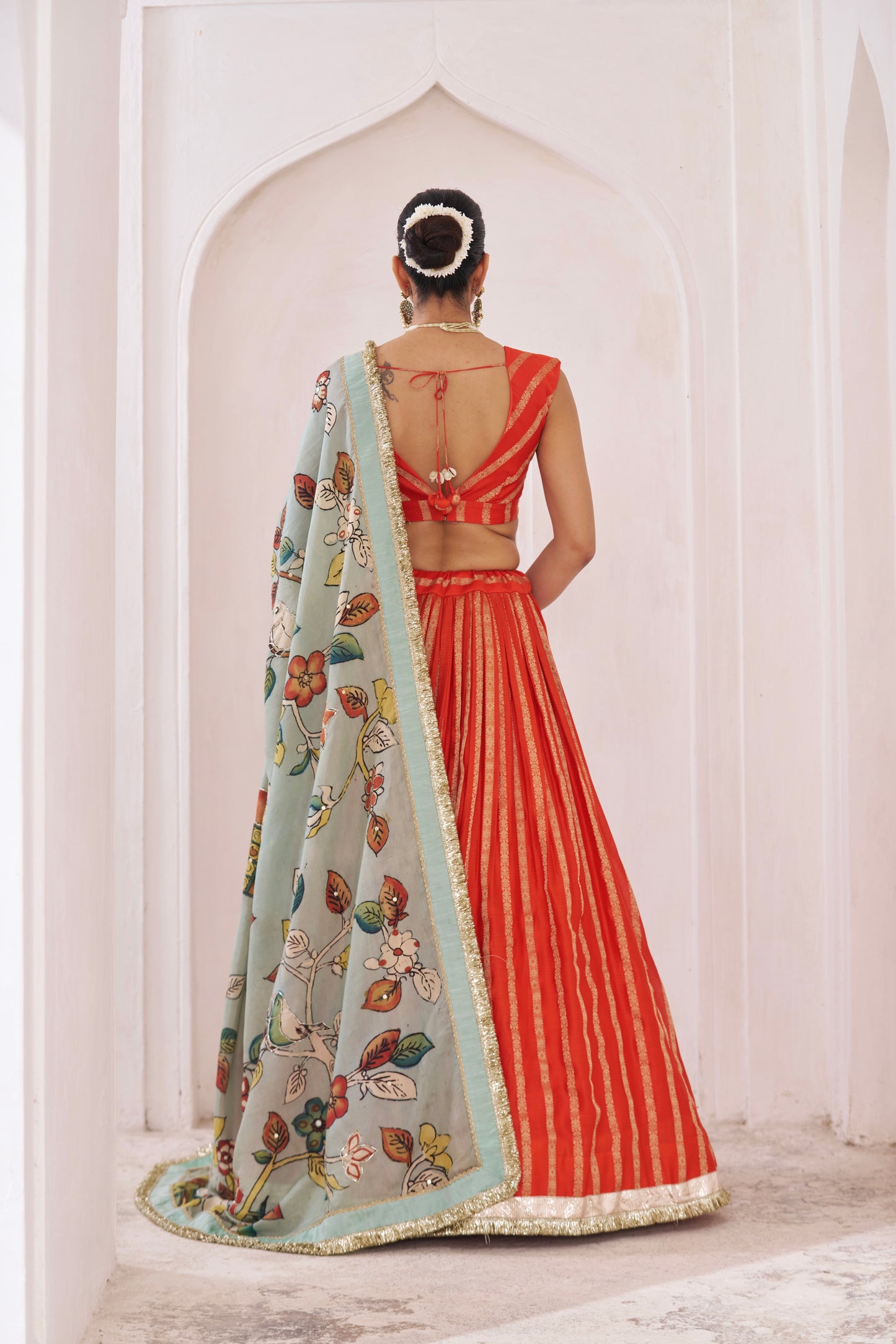 Orange Lehenga Set With Birds Outside Cages Kalamkari Dupatta