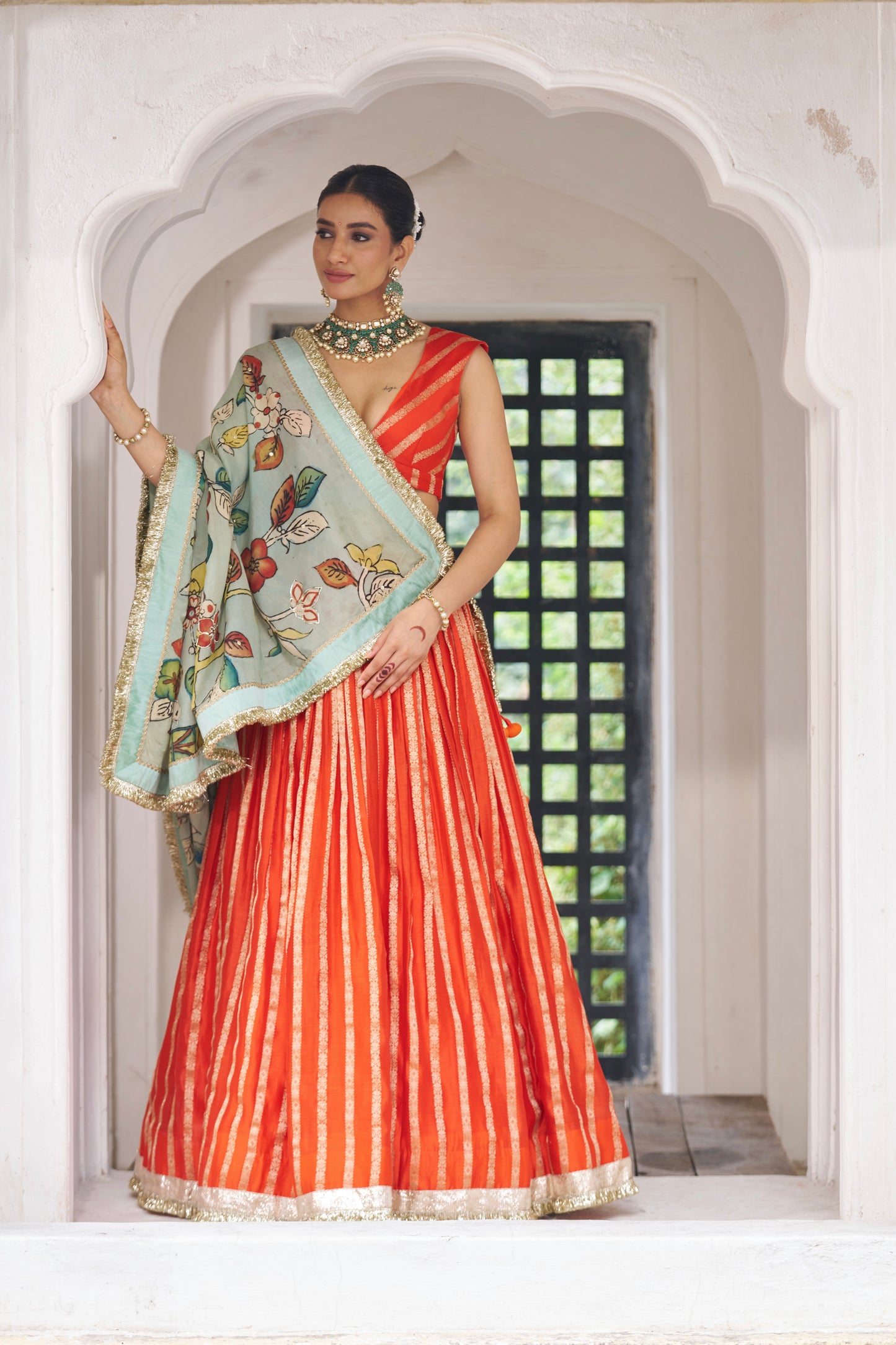Orange Lehenga Set With Birds Outside Cages Kalamkari Dupatta