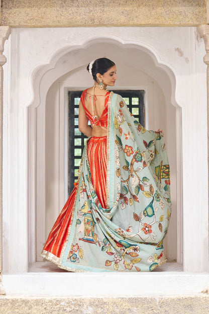 Orange Lehenga Set With Birds Outside Cages Kalamkari Dupatta
