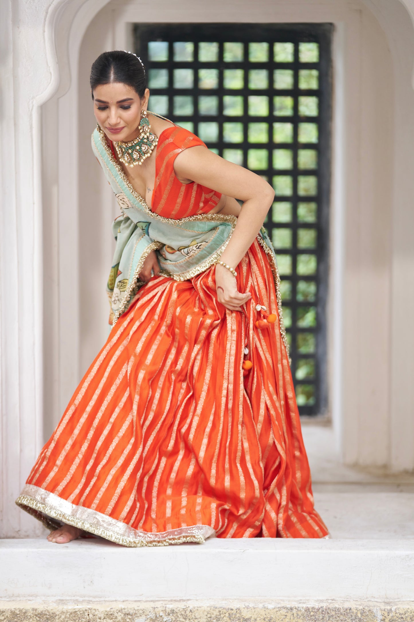 Orange Lehenga Set With Birds Outside Cages Kalamkari Dupatta