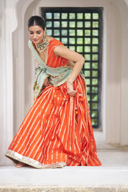 Orange Lehenga Set With Birds Outside Cages Kalamkari Dupatta