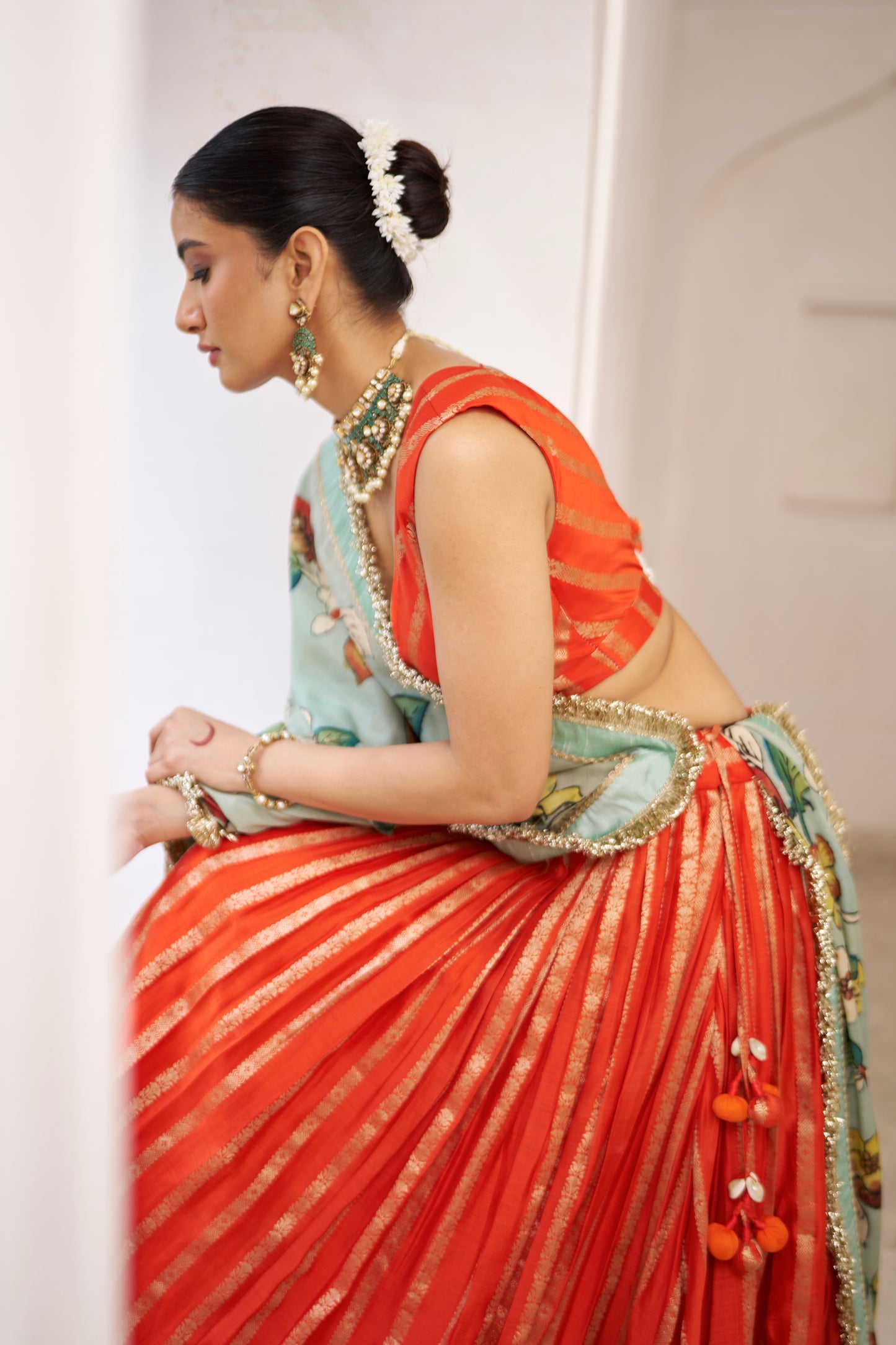 Orange Lehenga Set With Birds Outside Cages Kalamkari Dupatta