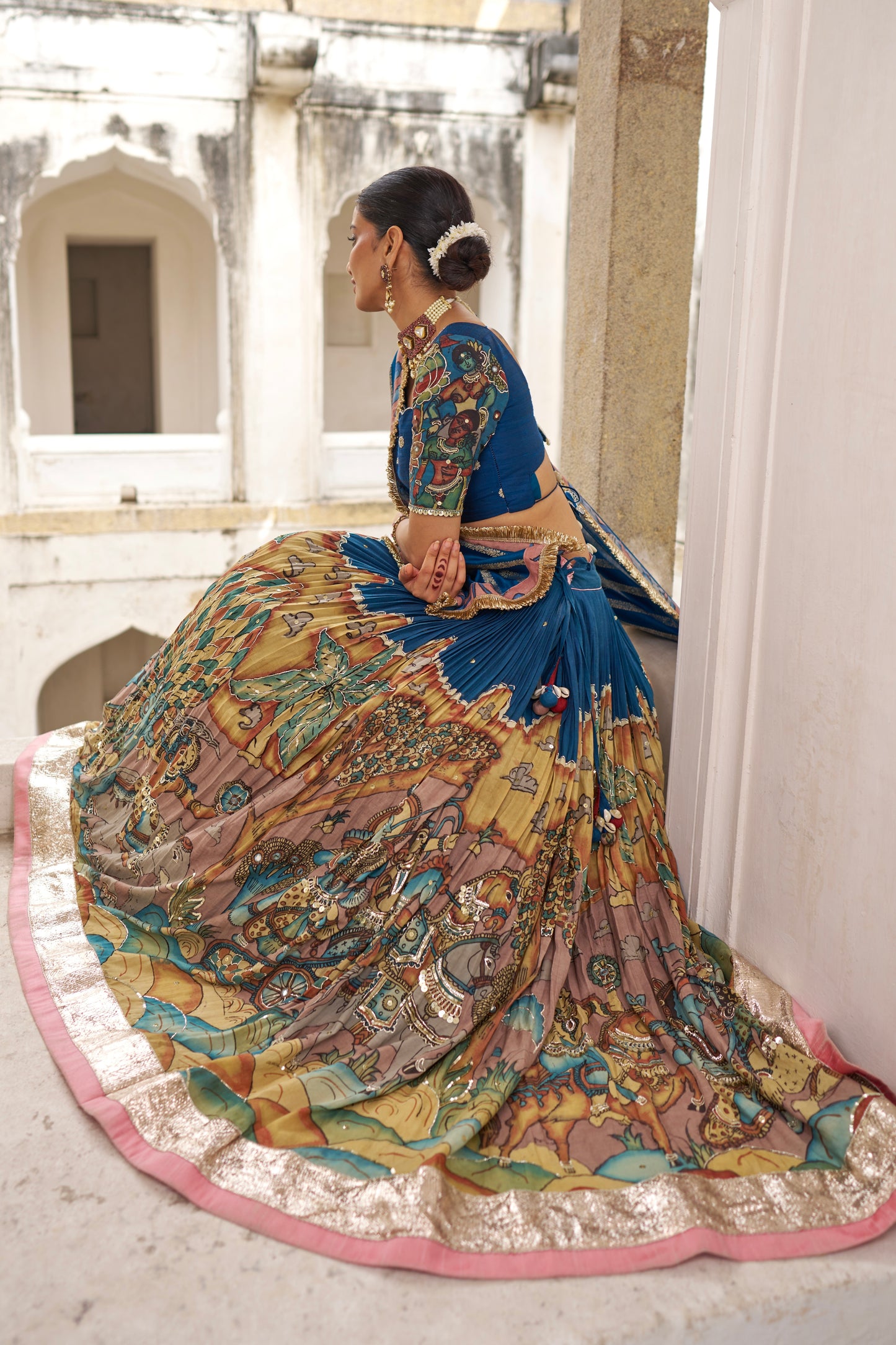 Blue Sena Theme Kalamkari Lehenga Set