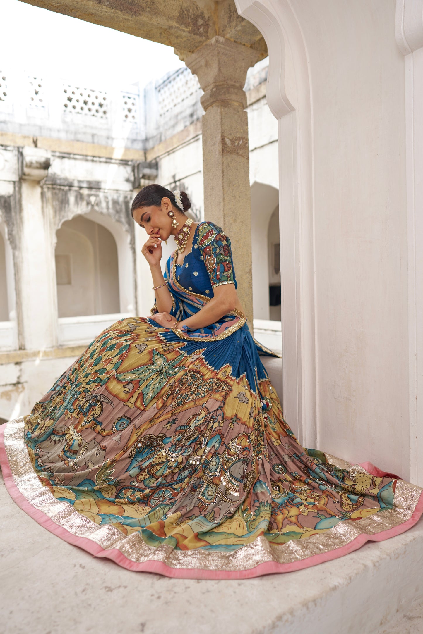 Blue Sena Theme Kalamkari Lehenga Set