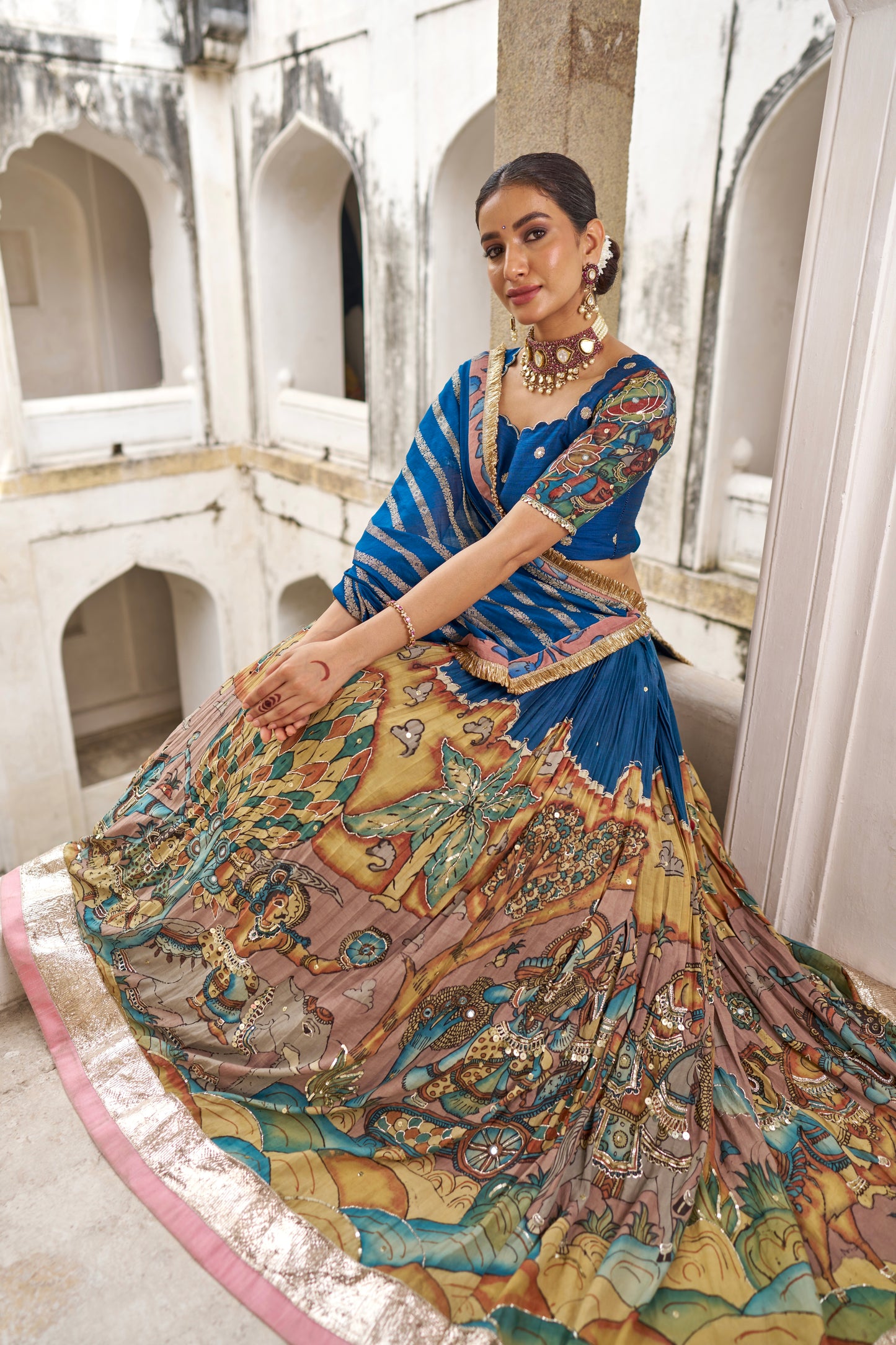 Blue Sena Theme Kalamkari Lehenga Set