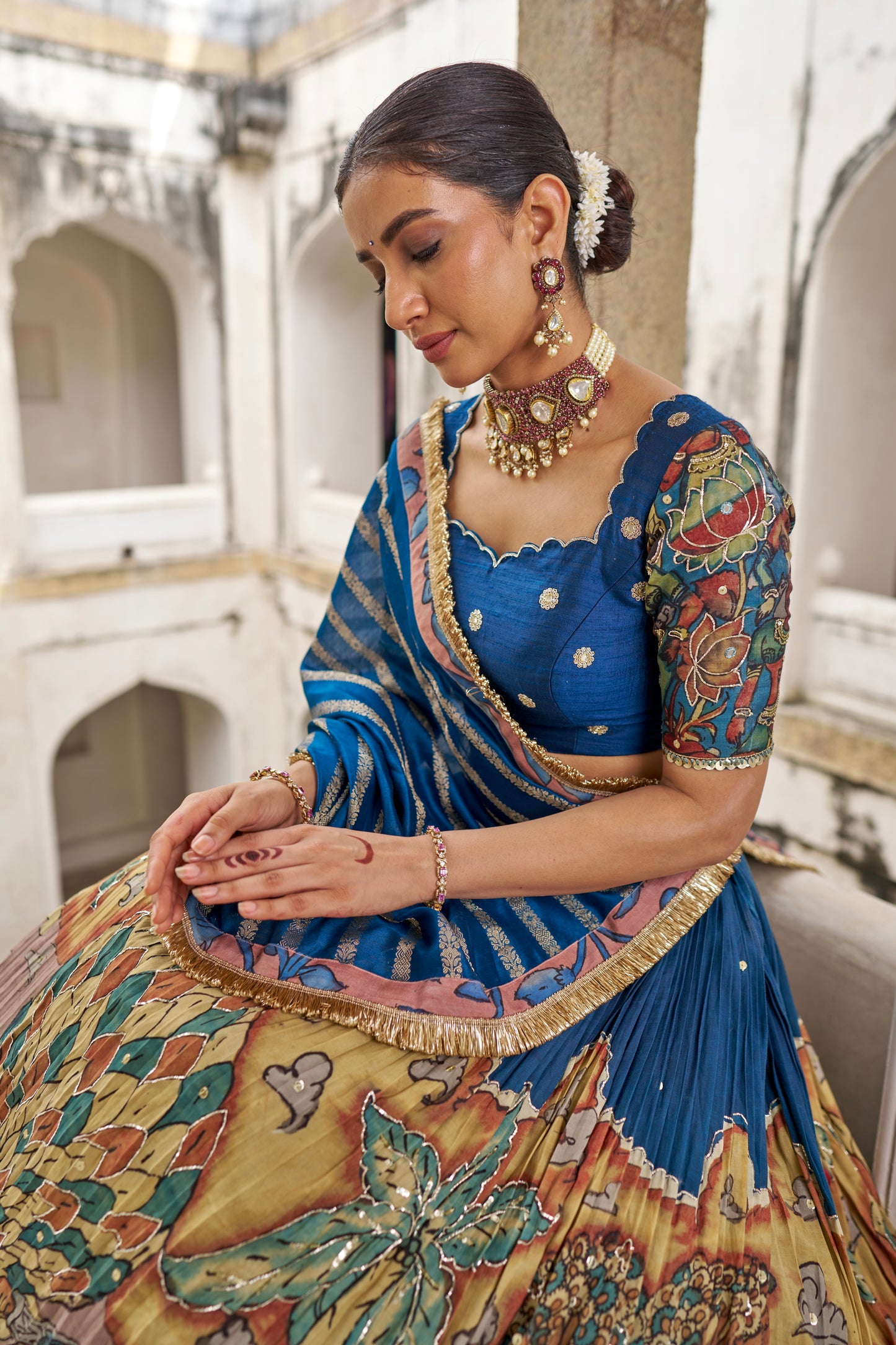 Blue Sena Theme Kalamkari Lehenga Set