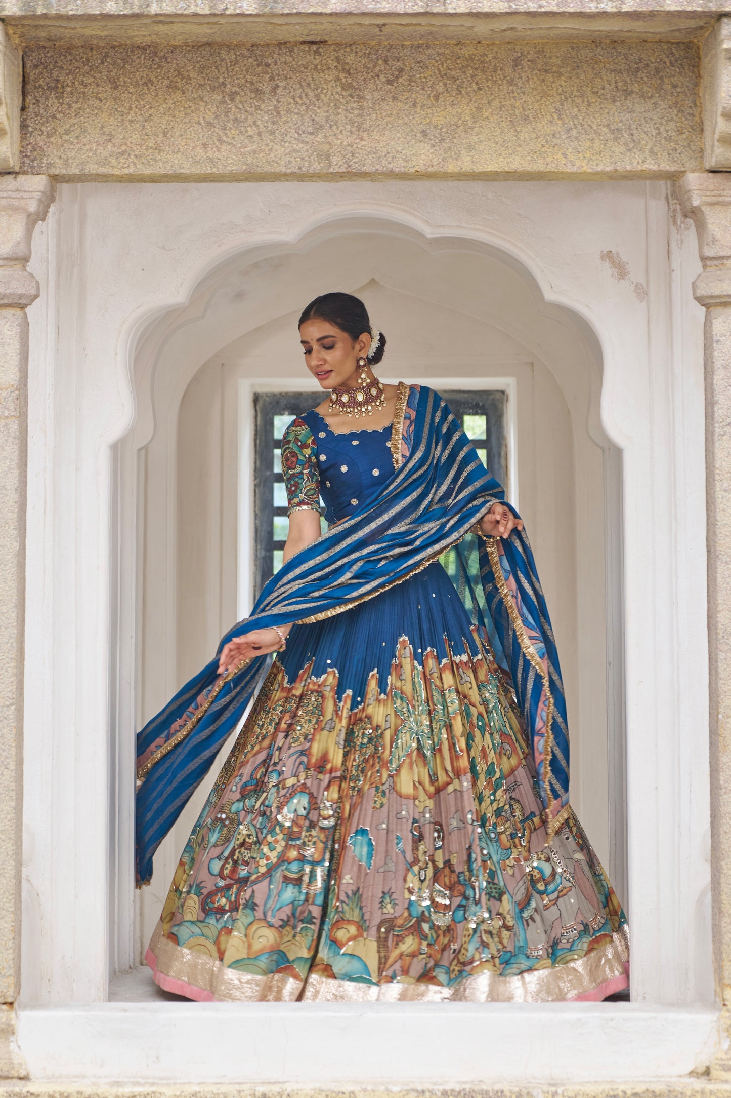 Blue Sena Theme Kalamkari Lehenga Set