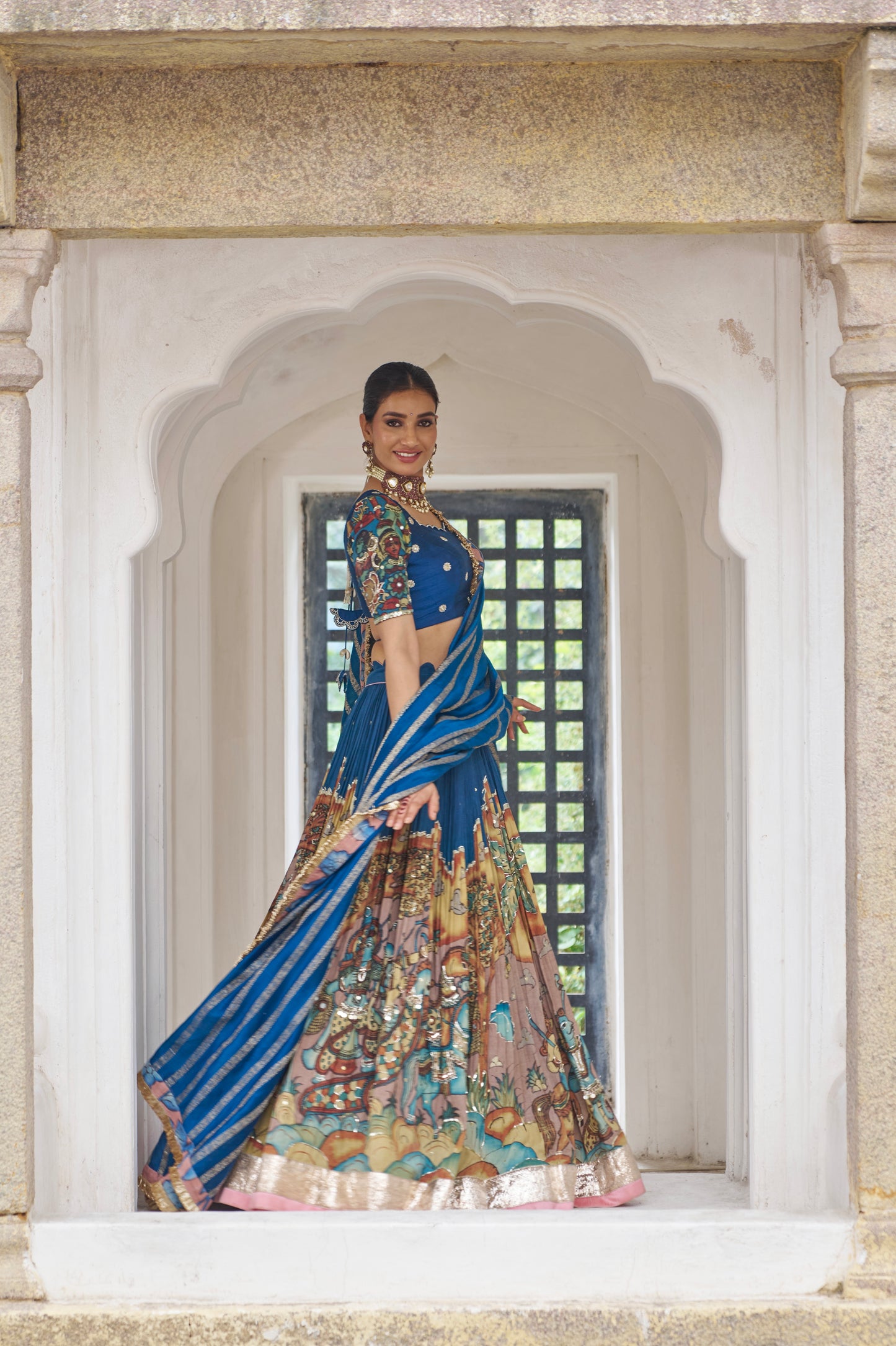 Blue Sena Theme Kalamkari Lehenga Set