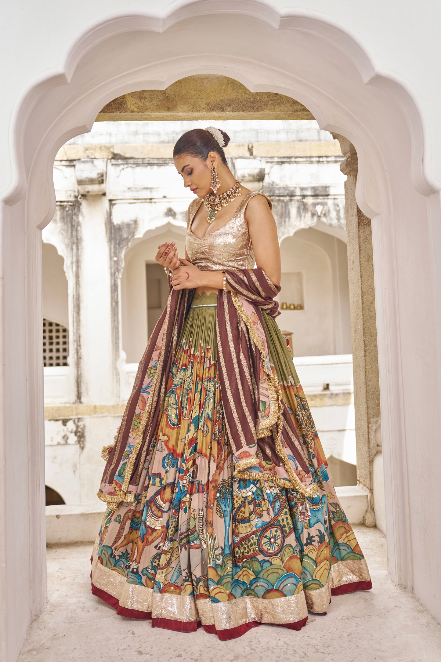 Olive-Green Sena Theme Lehenga Set
