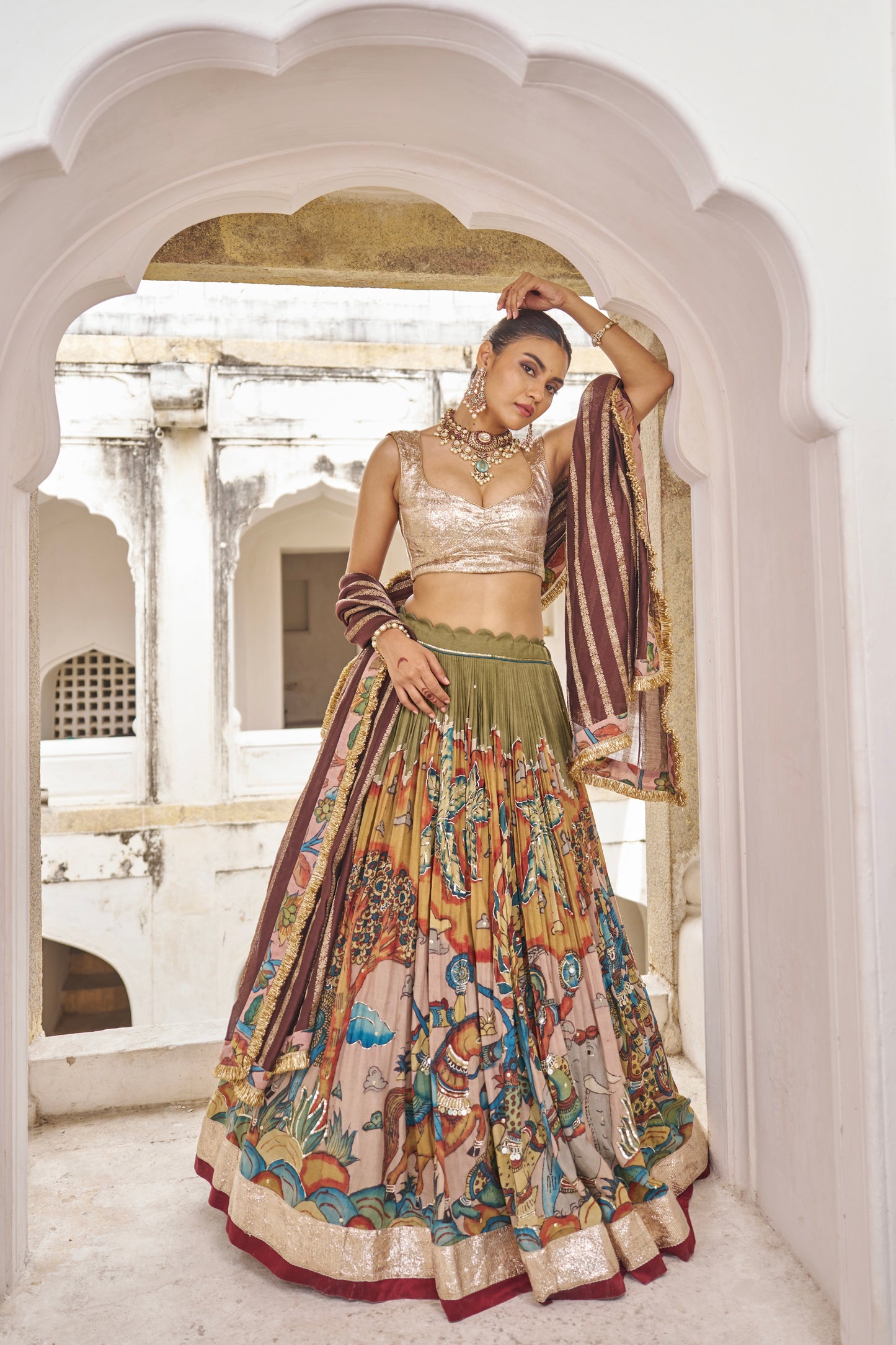Olive-Green Sena Theme Lehenga Set