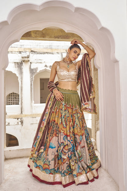 Olive-Green Sena Theme Lehenga Set