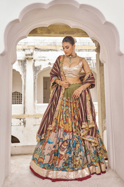 Olive-Green Sena Theme Lehenga Set