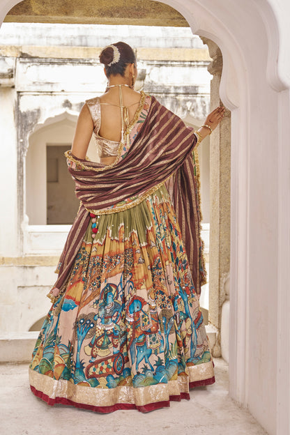 Olive-Green Sena Theme Lehenga Set