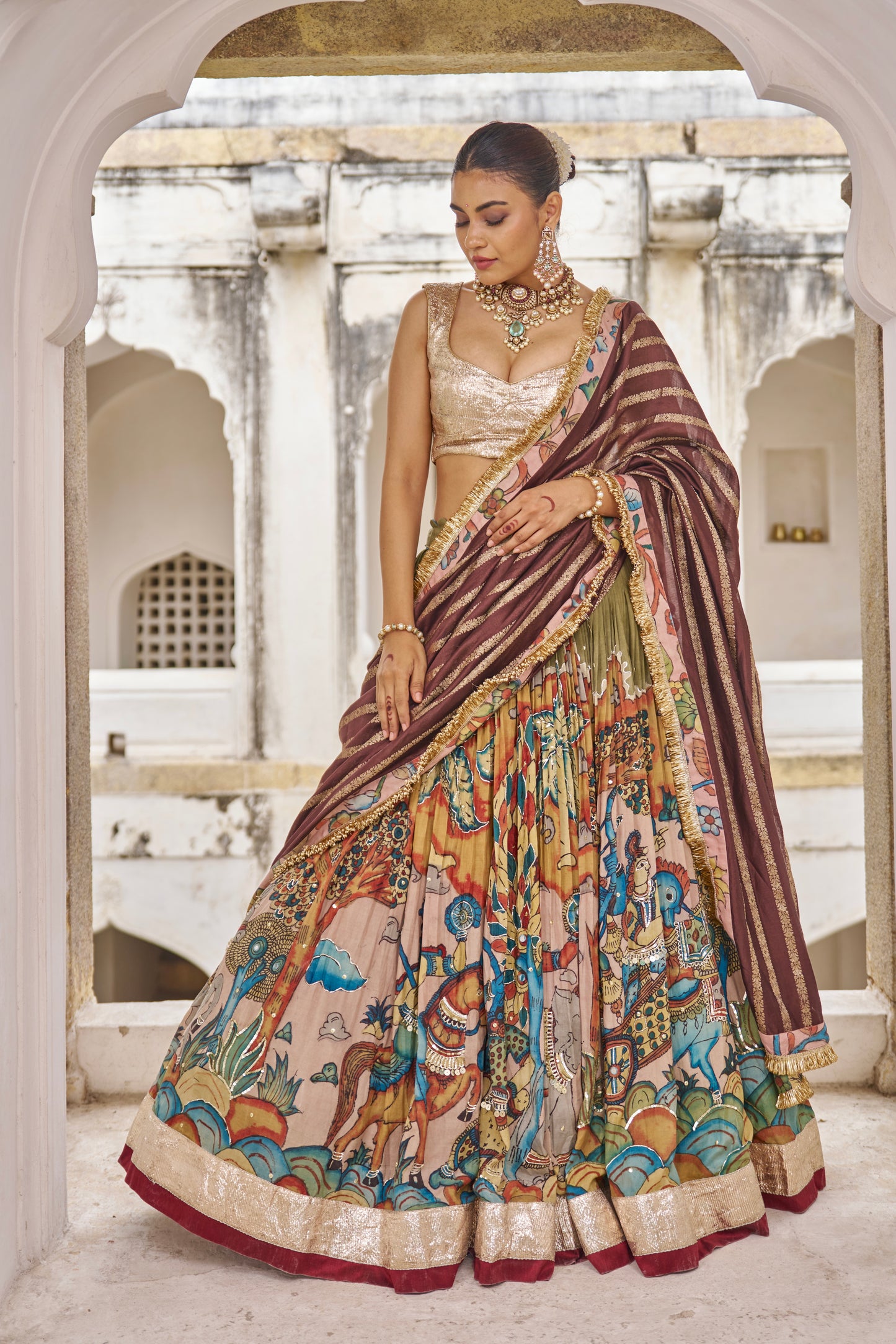 Olive-Green Sena Theme Lehenga Set